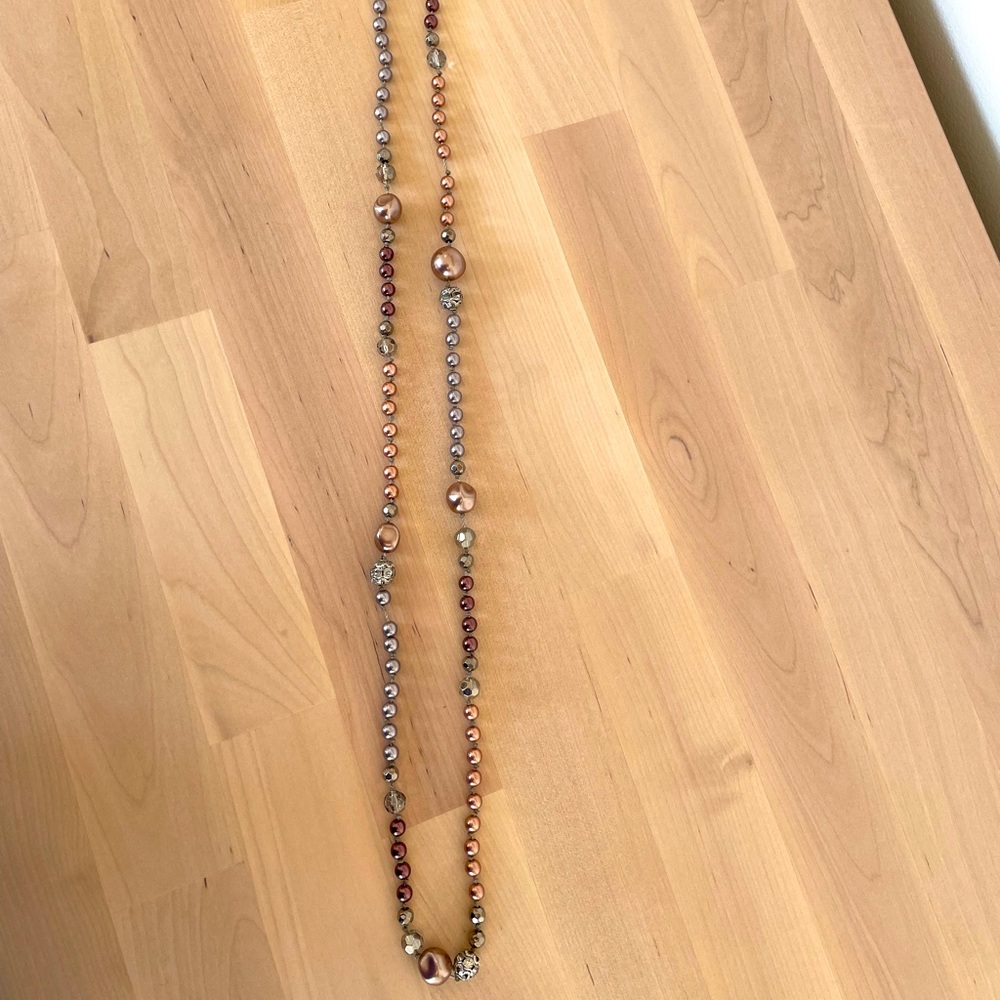LOFT beaded long wrap necklace with silver and diamond detail